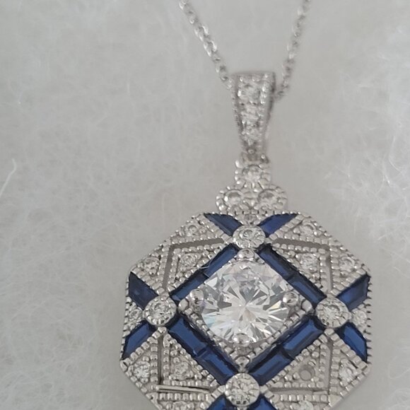 NWT-Silver Sapphire CZ Necklace-Silver 16" Chain Beautiful Piece! -Read Descript - Picture 6 of 9